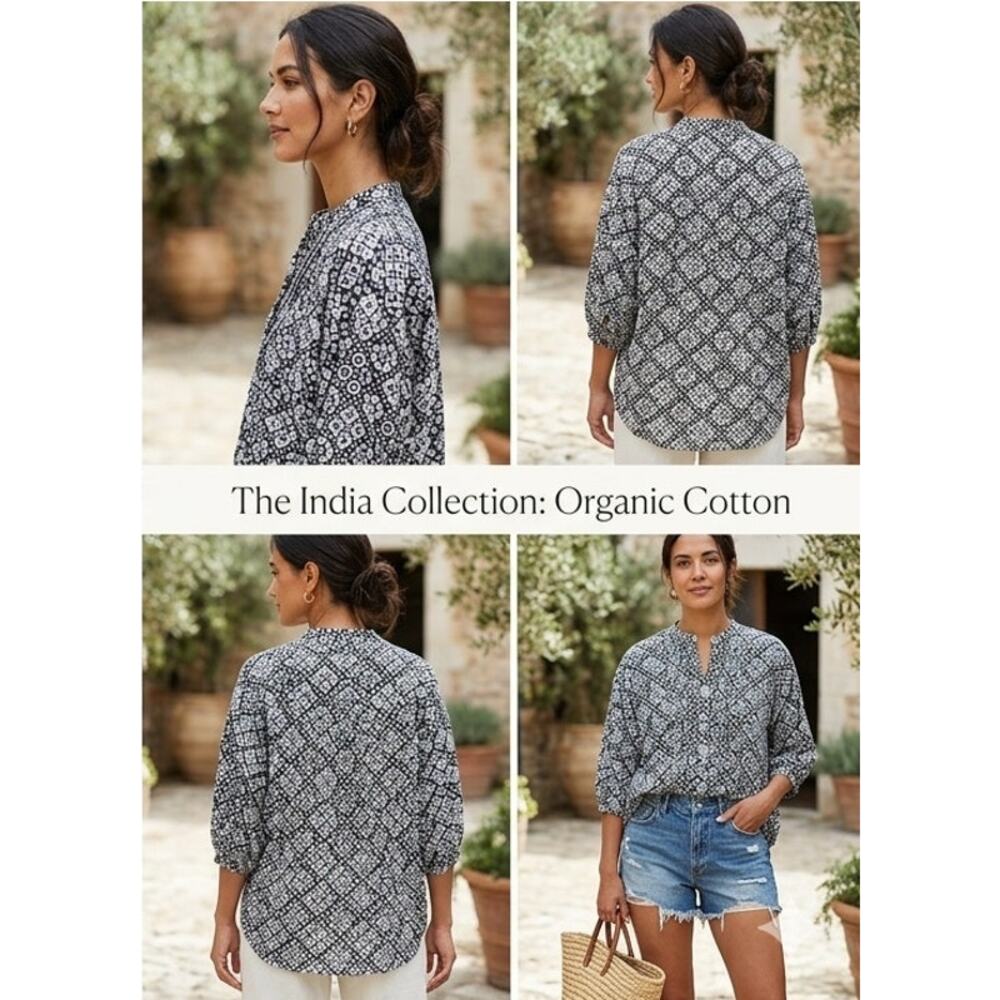 Emerson Fry India Collection Organic Cotton Mandarin Blouse EUC Black White OS
